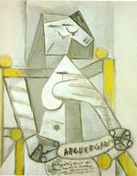Seated woman with spelling book